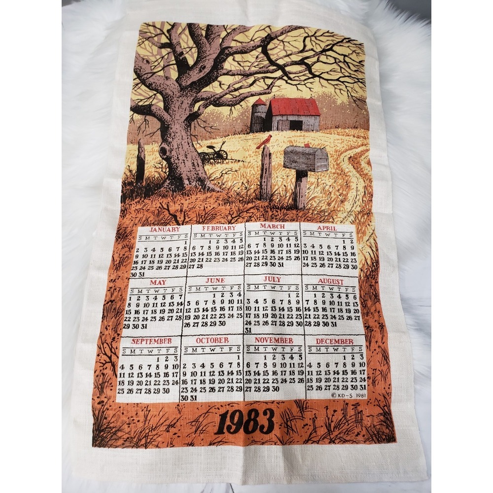 Vintage Retro 1983 Calender Tea Towel FALL Autumn Barn Farm Kitchen Cottagecore